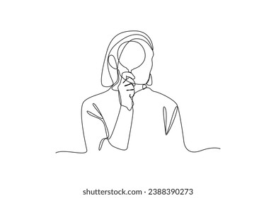 SImple continuous drawing of woman get ready for research. Simple line, minimalist concept of research, simple line, black and white background.