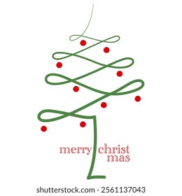 simple continuous green line, one line Christmas tree with red ornate lamp. Christmas hand drawn illustration vector. Square dimension.
