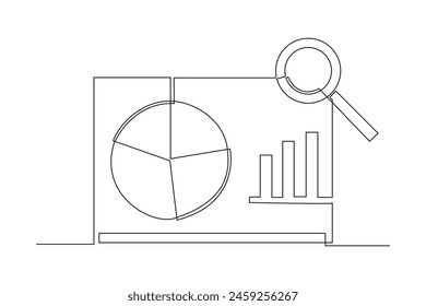 Dibujo simple y continuo de las actividades de análisis de negocios con gráficos circulares y de barras. Concepto de negocio minimalista. Actividad de análisis de negocio. Icono de análisis de negocio. Mercado.