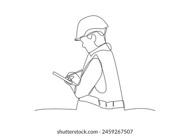 Simple continuous lin drawing of a geologist writing in the field. Engineer minimalist concept. Engineer activity. Engineer analysis icon.