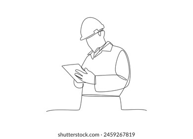 Simple continuous lin drawing of geologists record data in notebooks. Engineer minimalist concept. Engineer activity. Engineer analysis icon.