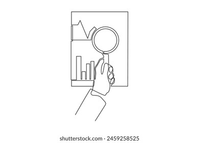 Simple dibujo continuo de la línea de mano sosteniendo la lupa mirando el análisis de negocios. Concepto de negocio minimalista. Actividad de análisis de negocio. Icono de análisis de negocio. Mercado.