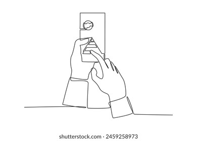 Simple continuous lin drawing of hand holding mobile phone looking at business analysiss. Business minimalist concept. Business analysisi activity. Business analysis icon. Market.