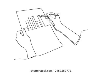 Simple continuous lin drawing of hand writing with pen business analysis. Business minimalist concept. Business analysisi activity. Business analysis icon. Market.