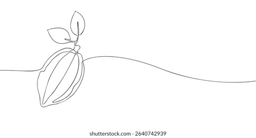 Simple continuous line art of a cocoa pod with two leaves, ideal for chocolate, organic food, or agricultural concepts.
