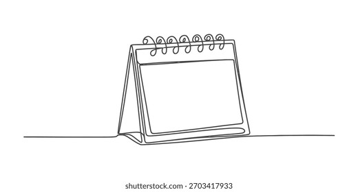 Dibujo lineal continuo simple de un calendario de escritorio en blanco para una gestión eficiente del tiempo, planificación de eventos y programación diaria organizada.