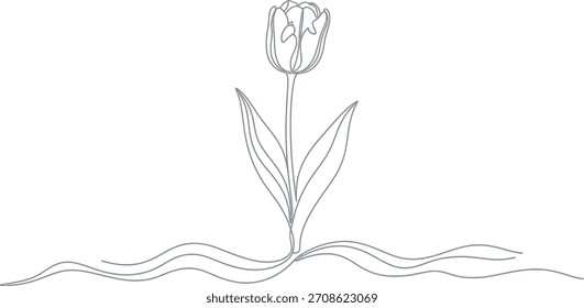 Einfache durchgehende Linie Kunst Zeichnung einer geschlossenen Tulpenblume mit Stamm und Blättern, elegante minimalistische Vektorgrafik Design. Vektorgrafik
