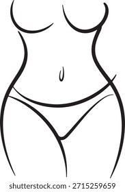 Simples desenho de arte em linha contínua representando a sedutora silhueta do corpo feminino. Ilustração de vetor artístico mostrando cintura, botão de barriga e quadris vestindo roupas íntimas mínimas. Beleza abstrata, corpo positivo e design gráfico conceito de bem-estar. Contorno preto elegante.