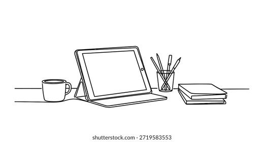 A simple continuous line art drawing of a desk workspace with tablet, books, and coffee mug Vector, illustration