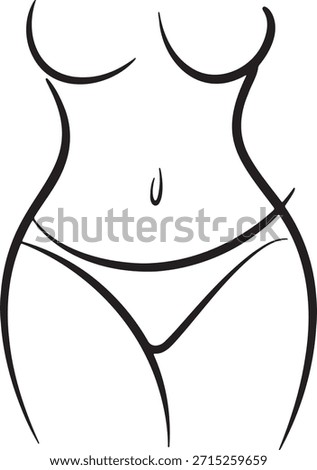Simple continuous line art drawing depicting seductive female body silhouette. Artistic vector illustration showcasing waist, belly button, and hips wearing minimal underwear. Abstract beauty, body positive, and wellness concept graphic design. Elegant black contour.