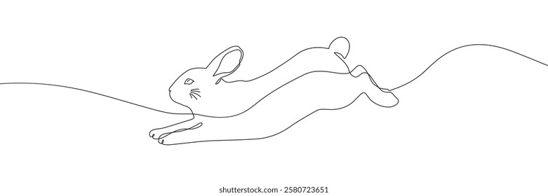 Simple continuous line art illustration of a rabbit in motion, symbolizing speed, agility, and minimalistic artistic expression on a white background
