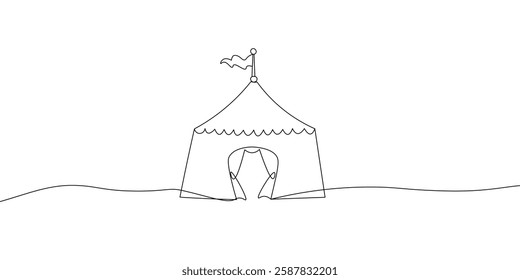 Simple continuous line art illustration of a circus tent with  a flag, drawn in a minimalist black and white style. Vector illustration