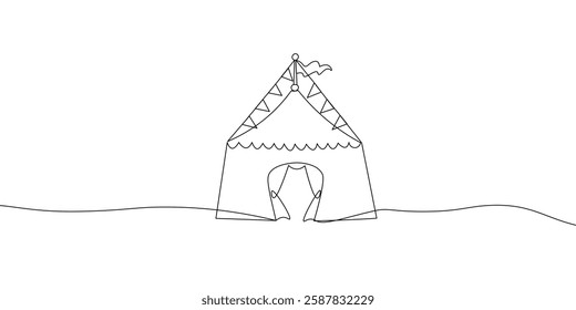 Simple continuous line art illustration of a circus tent with bunting and a flag, drawn in a minimalist black and white style. Vector illustration