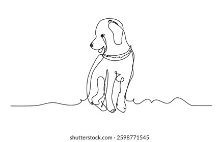 Simple continuous line art illustration of a dog sitting with a relaxed posture. The minimalistic design emphasizes elegance and creativity in animal sketches.