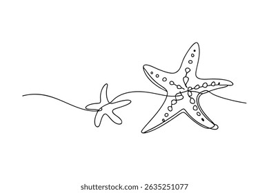 Simple continuous line art illustration of two starfish in a minimalist style