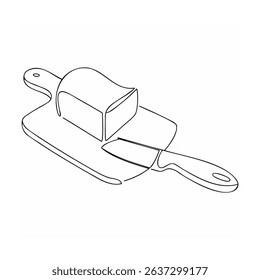 Simple continuous line art illustration of butter being cut on a wooden board with knife