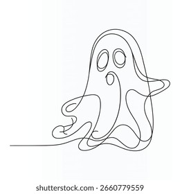 Una ilustración de arte lineal simple y continua de un lindo fantasma flotante.