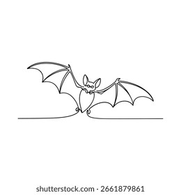 A simple, continuous line art illustration of a bat in flight.