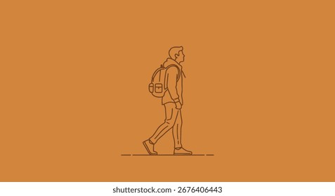 A simple, continuous line art illustration of a person in profile, walking with a backpack, rendered in a minimalist style.