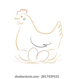 A simple continuous line art illustration of a hen brooding over eggs in a nest rendered in a sketch style with warm colored pencil strokes.