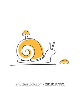 A simple continuous line art illustration featuring a snail with a yellow shell carrying a small mushroom and a separate small stone on the ground.