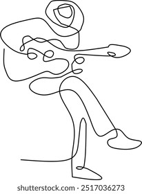 Simple continuous line art of a man playing guitar in a relaxed manner, capturing the essence of minimalism and musical expression.