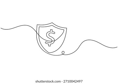 El simple arte lineal continuo muestra un escudo de dólares para la seguridad financiera.