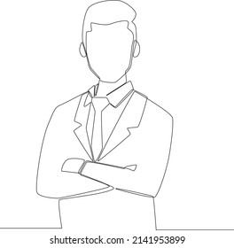 Simple continuous line, confident businessman wearing formal clothes standing with arms crossed wear white office. Vector illustration.