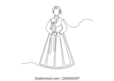 a simple continuous line, depicting a Korean woman wearing a typical Korean dress with a graceful look. Traditional dress