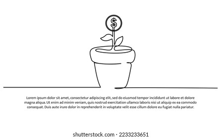Simple continuous line design of money tree. The concept of investment, business development and profit growth. Decorative elements drawn on a white background.