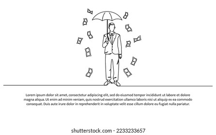 Simple continuous line design of office worker holding umbrella and standing under money rain. Decorative elements drawn on a white background.
