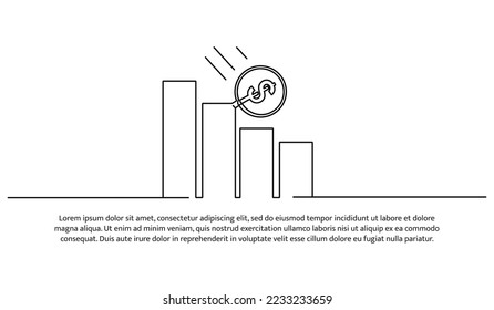 Simple continuous line design of rolling coin on descending diagram. Recession concept. Decorative elements drawn on a white background.