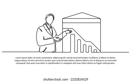 Simple continuous line design of young male presenting falling chart report. The decline in corporate profits, the stock market crash and the economic crisis.