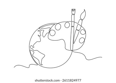 Simple continuous line draw of art tools icon. World Art Day Celebration. Cartoon Poster. Art day celebration minimalist concept. Painting.
