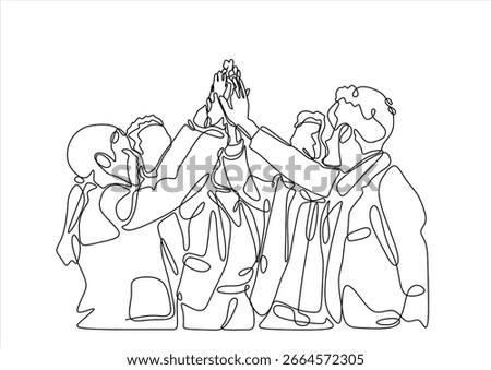 Simple continuous line draw of business team celebrating success. Business people giving high fives gesture hands Business team work minimalist concept. Hand drawn one line vector. Editable stroke	
	