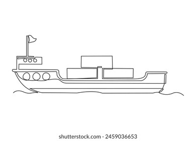 Simple continuous line draw of cargo ship carrying large box goods. cargo ship icon set. sea transportation symbols. oil tanker and lng tanker. isolated vector image