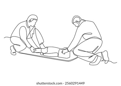 Simple continuous line draw of emergency response team attribute, emergency condition, emergency activity. Medical and Healthcare minimalist concept.