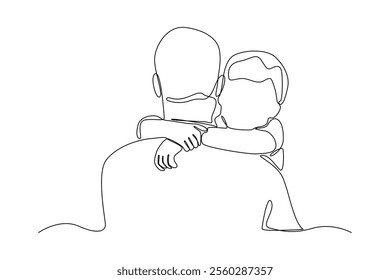 Simple continuous line draw of father and son hugged each other warmly. Family minimalist concept, fathers day, simple line.