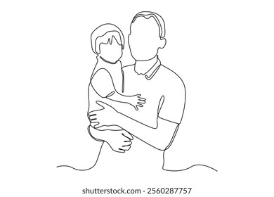 Simple continuous line draw of father and son hugged each other warmly. Family minimalist concept, fathers day, simple line.