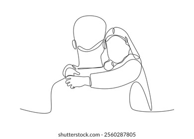 Simple continuous line draw of father and son hugged each other warmly. Family minimalist concept, fathers day, simple line.