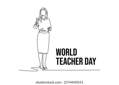 simple continuous line draw of The female teacher looks full body teaching in class. Teachers day minimalist concept. School activity.