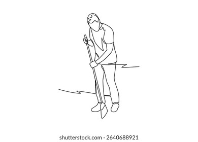 Simple continuous line draw of female sweeping at social action. Social activities minimalist concept. Simple line. Social care.