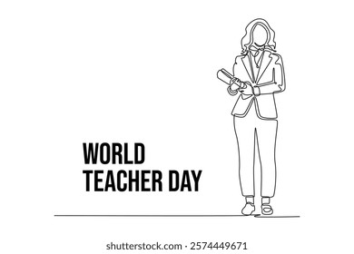 simple continuous line draw of full body female teacher carrying documents. Teachers day minimalist concept. School activity.