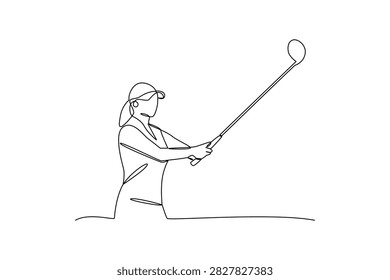 Simple continuous line draw A golfer raises his club after taking a long-distance shot. Sport activity minimalist concept, outdoor activity, golf.