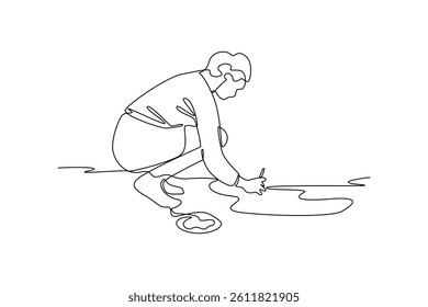 Simple continuous line draw of happy young man celebrate international art day. World Art Day Celebration. Cartoon Poster. Art day celebration minimalist concept. Painting.