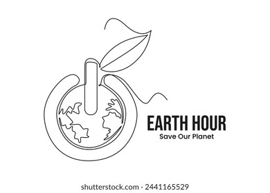 Simple continuous line draw icon earth power. Flat Earth planet in Space. Earth globe with on off light switch icon or power button. Abstract space background with stars. Minimal design.
