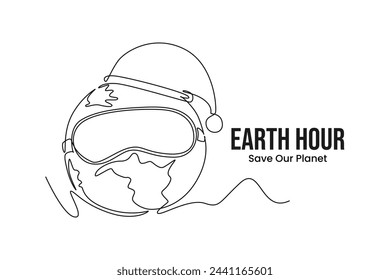 Simple continuous line draw icon earth wears a beanie to sleep. Flat Earth planet in Space. Earth globe with on off light switch icon or power button. Abstract space background with stars.