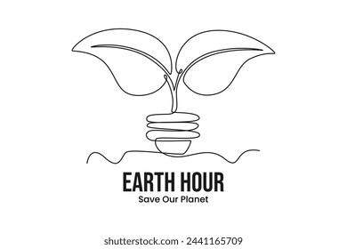 Simple continuous line draw icon Eco friendly light bulbs. Flat Earth planet in Space. Earth globe with on off light switch icon or power button. Abstract space background with stars.