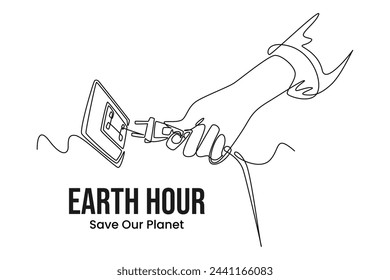 Simple continuous line draw icon hand is pulling out the electric plugt. Earth hour concept. Earth globe with on off light switch icon or power button. Abstract space background with stars.