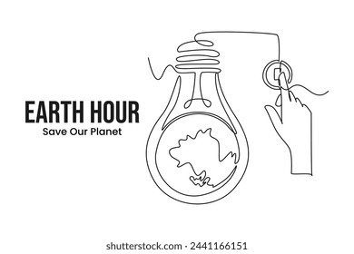 Simple continuous line draw icon hand pressing power on off earth light bulb. Earth hour concept. Earth globe with on off light switch icon or power button. Abstract space background with stars.